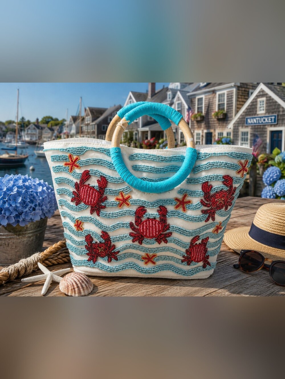 Sol And Mer Beaded Red Crab Stripe Tote Bag with Wrapped Wood Handles NWT